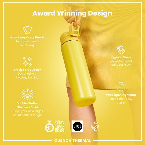A yellow water bottle is being held; it has a hide-away handle, crevice-free design, hygiene cover, and wide opening mouth. The bottle is double-walled stainless steel, keeping beverages hot or cold longer. It is an award-winning design.