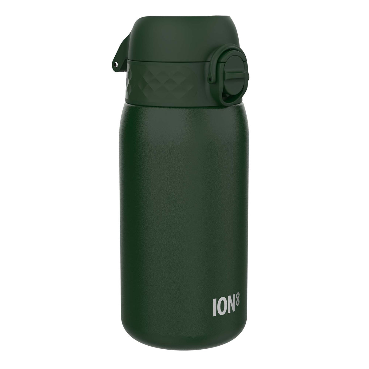 A dark-green ION8 water bottle sits on a white background. The bottle has a textured lid with a flip-top.