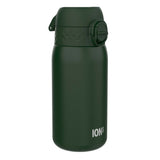 A dark-green ION8 water bottle sits on a white background. The bottle has a textured lid with a flip-top.