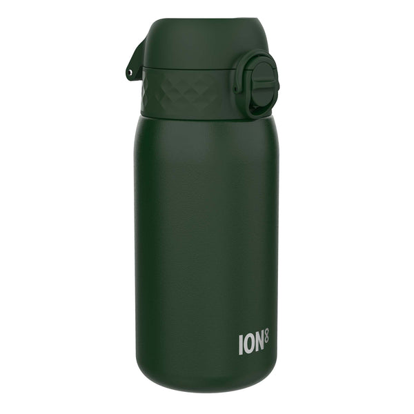 A dark-green ION8 water bottle sits on a white background. The bottle has a textured lid with a flip-top.