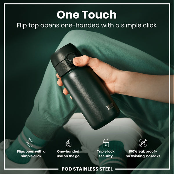 A dark-green ION8 stainless steel water bottle is held; its flip top opens one-handed. The bottle features a triple lock security and is 100% leakproof.