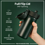 A dark-green stainless steel water bottle with a 240° flip lid is held; the lid folds completely back, away from the face, providing a clear view. The bottle is presented against a dark green background. 