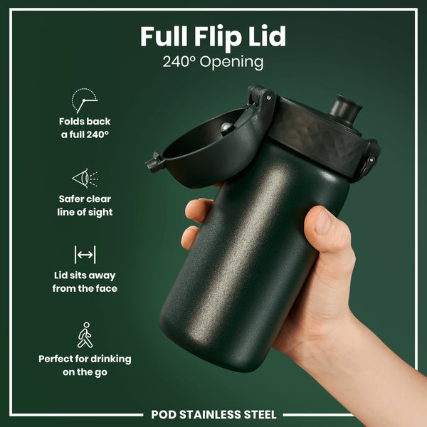 A dark-green stainless steel water bottle with a 240° flip lid is held; the lid folds completely back, away from the face, providing a clear view. The bottle is presented against a dark green background. "Full Flip Lid," "240° Opening," and "POD STAINLESS STEEL" are also visible.