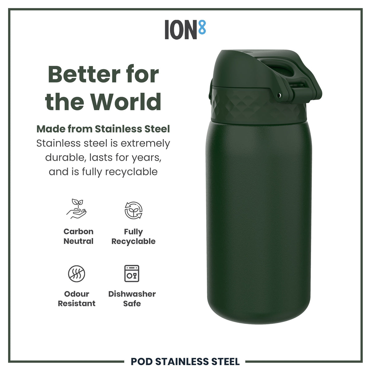 A dark-green stainless steel water bottle sits against a white background. The bottle is shown alongside text advertising its durability, recyclability, and other features.