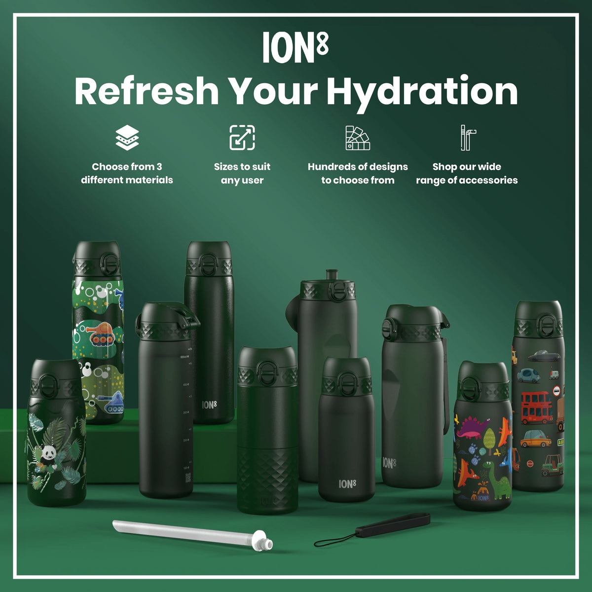 Several ION8 water bottles, various sizes and designs, are displayed on a green surface; some feature child-friendly prints. Accessories are also shown. "Refresh Your Hydration" is the headline.