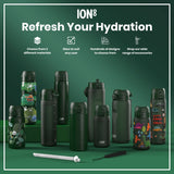 Several ION8 water bottles, various sizes and designs, are displayed on a green surface; some feature child-friendly prints. Accessories are also shown. 