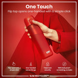 A red water bottle is held; its flip top opens with one hand. The bottle is shown against a red background; it's advertised as leakproof and easy to use. The brand is ION8, and the model is SLIM RECYCLON™.