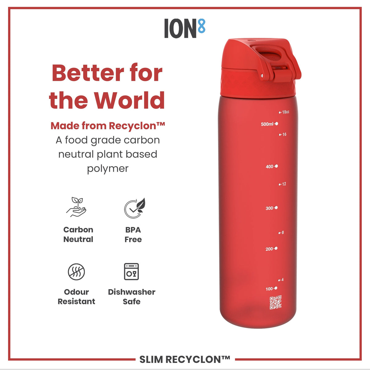A red water bottle stands against a white background. It is made from a plant-based polymer and features measurements in milliliters and ounces. The bottle is advertised as carbon neutral, BPA free, odour resistant, and dishwasher safe.