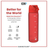 A red water bottle stands against a white background. It is made from a plant-based polymer and features measurements in milliliters and ounces. The bottle is advertised as carbon neutral, BPA free, odour resistant, and dishwasher safe.
