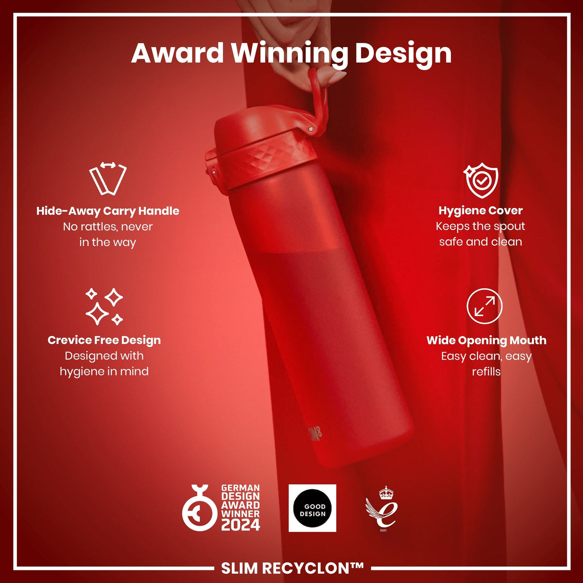 A red water bottle is being held; it features a hide-away handle, hygiene cover, and wide mouth. The bottle is award-winning, designed for hygiene, and labeled "SLIM RECYCLON™".