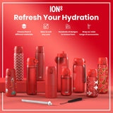 Several red water bottles, varying in size and design, are displayed on a red surface. They are presented as hydration products with various choices in material and design. Accessories are also available.