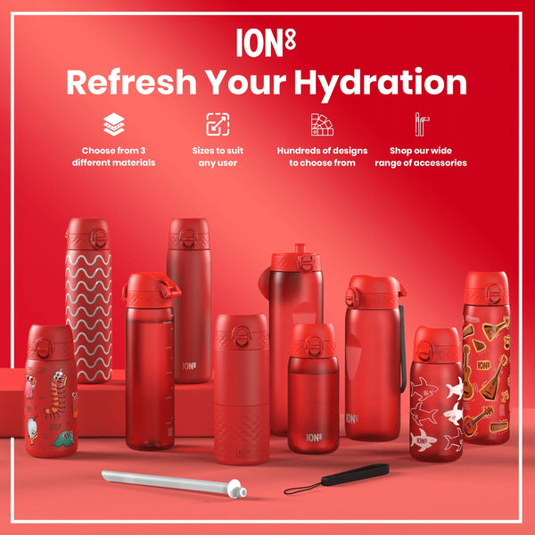 Several red water bottles, varying in size and design, are displayed on a red surface. They are presented as hydration products with various choices in material and design. Accessories are also available.