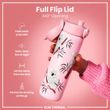 A pink, koala-patterned water bottle with a full flip lid is being held; its 240° opening is shown. The bottle is described as slim and thermal.