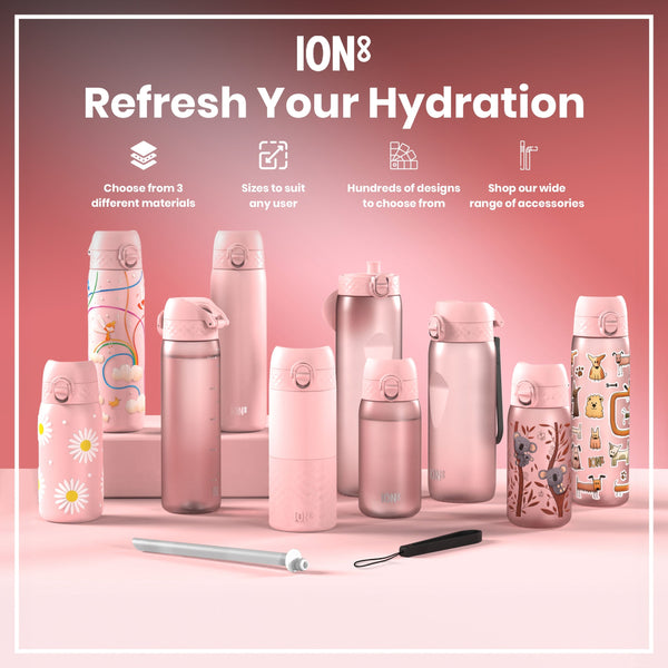 Several pink water bottles, varying in size and design, are displayed on a pink surface. They are shown with accessories, emphasizing hydration. The text reads: “ION8 Refresh Your Hydration. Choose from 3 different materials. Sizes to suit any user. Hundreds of designs to choose from. Shop our wide range of accessories.”