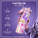 A purple, unicorn-decorated stainless steel water bottle is held; its full flip lid opens 240°. The bottle is slim, and the lid sits away from the face.