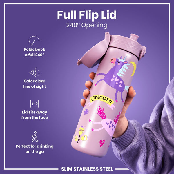 A purple, unicorn-decorated stainless steel water bottle is held; its full flip lid opens 240°. The bottle is slim, and the lid sits away from the face.