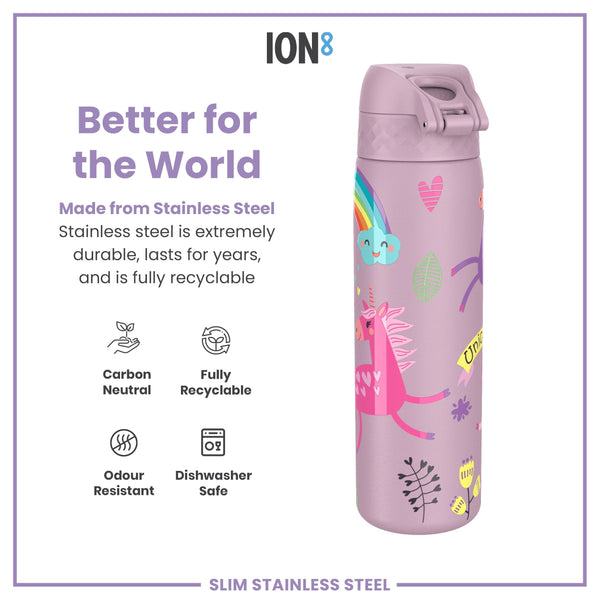 A lavender stainless steel water bottle, decorated with unicorns and rainbows, sits on a white background. "Better for the World," "Made from Stainless Steel," "Stainless steel is extremely durable, lasts for years, and is fully recyclable," "Carbon Neutral," "Fully Recyclable," "Odour Resistant," "Dishwasher Safe," and "SLIM STAINLESS STEEL" are also shown.