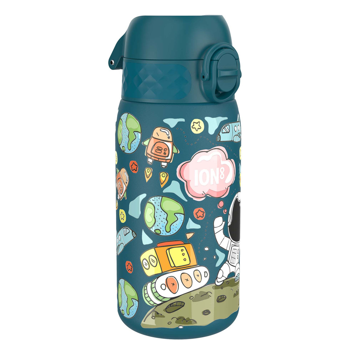 A teal water bottle, featuring a space-themed design, stands on a white background. The bottle displays drawings of planets, astronauts, and spacecraft. The brand name "ION8" is visible on the bottle.