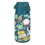 A teal water bottle, featuring a space-themed design, stands on a white background. The bottle displays drawings of planets, astronauts, and spacecraft. The brand name 