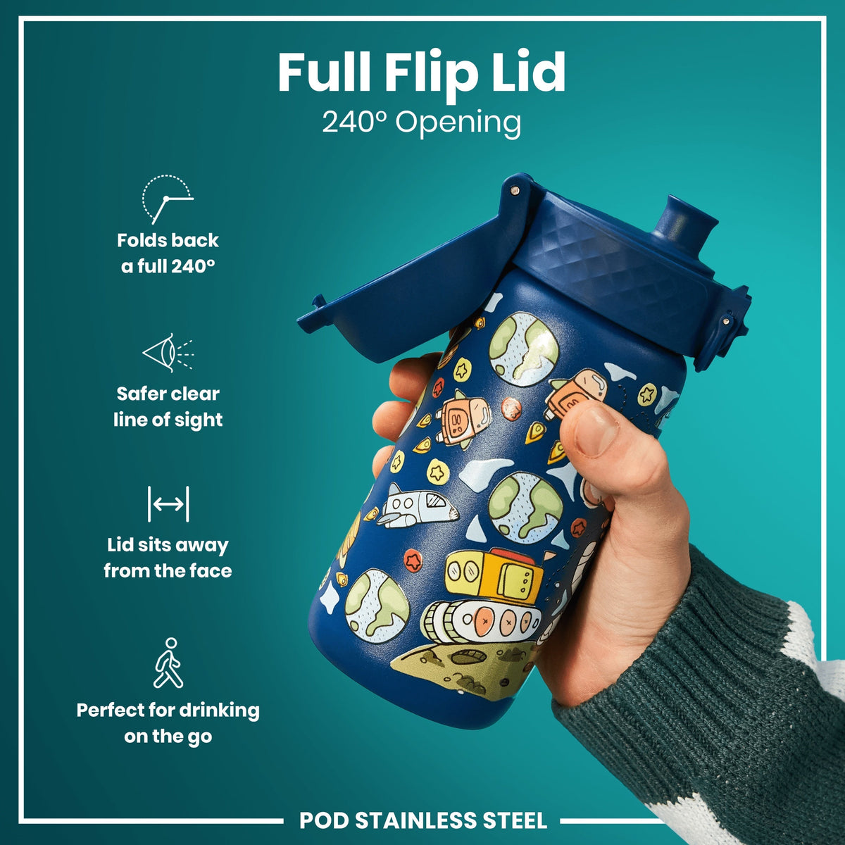 A blue water bottle with a space theme, featuring a 240° opening flip lid, is held by a person against a teal background. Full Flip Lid, 240° Opening. POD STAINLESS STEEL.