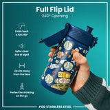 A blue water bottle with a space theme, featuring a 240° opening flip lid, is held by a person against a teal background. Full Flip Lid, 240° Opening. POD STAINLESS STEEL.