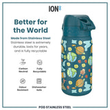 A stainless steel water bottle, featuring a space-themed design, sits against a white background. 