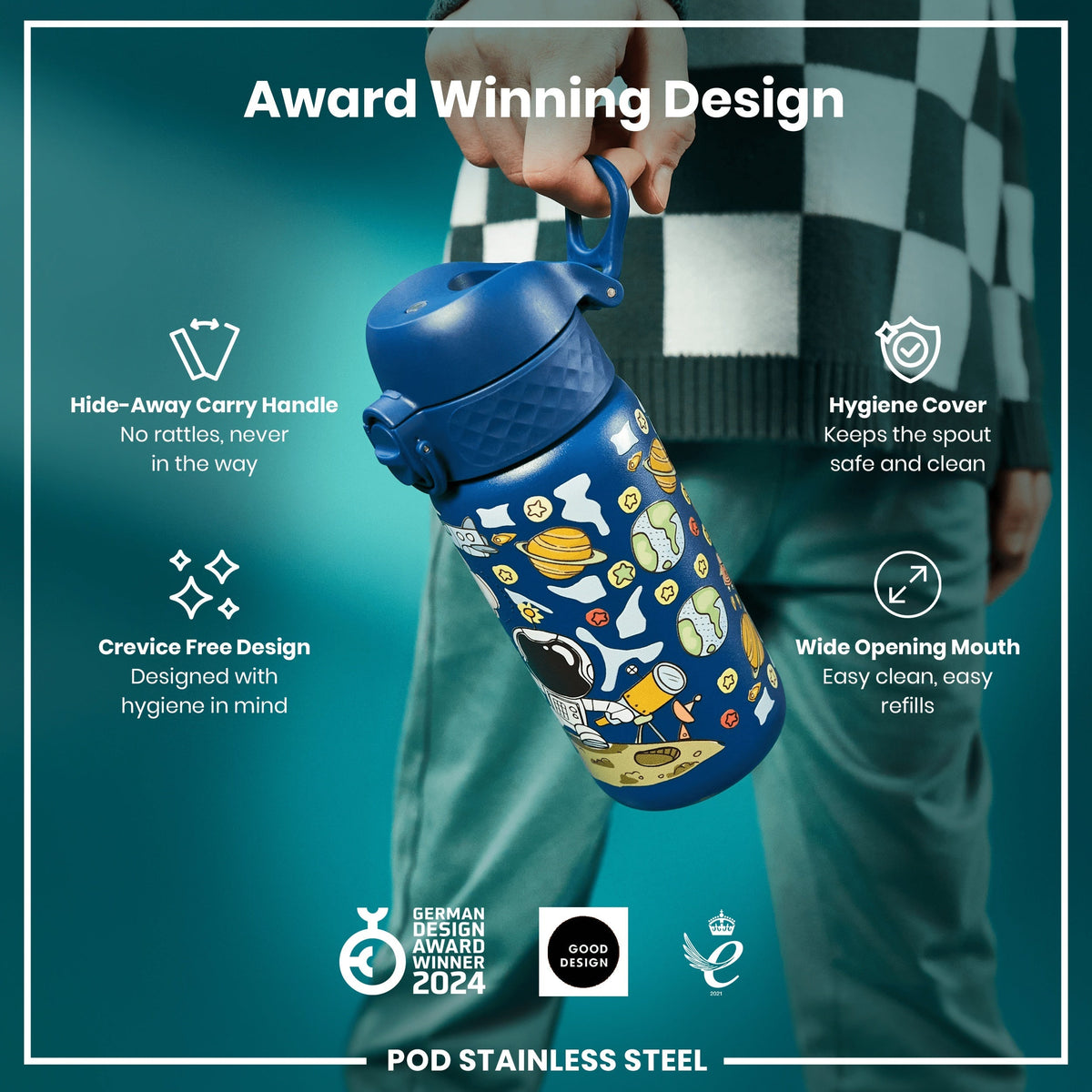 A blue, space-themed water bottle is held; it features a hide-away handle, crevice-free design, hygiene cover, and wide mouth. The bottle is an award-winning design.