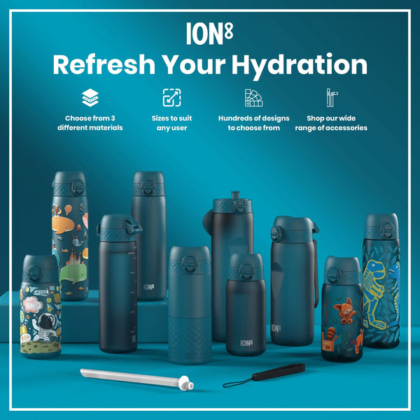 Several teal water bottles, various sizes and designs, are displayed on a teal surface. Choose from 3 different materials. Sizes to suit any user. Hundreds of designs to choose from. Shop our wide range of accessories.
