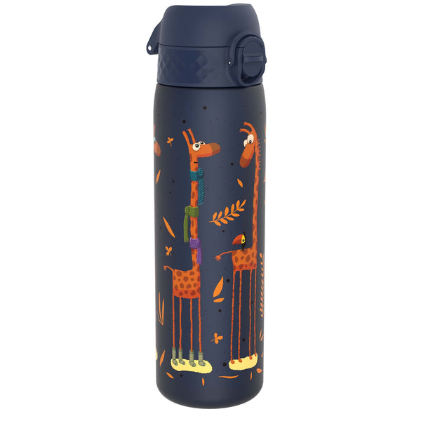 A dark-blue water bottle, featuring illustrated giraffes wearing boots and scarves, stands against a white background.
