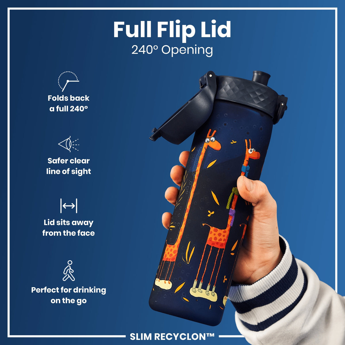 A water bottle with a 240° opening flip lid is being held. The bottle features a giraffe design. It's advertised as perfect for on-the-go drinking. SLIM RECYCLON™