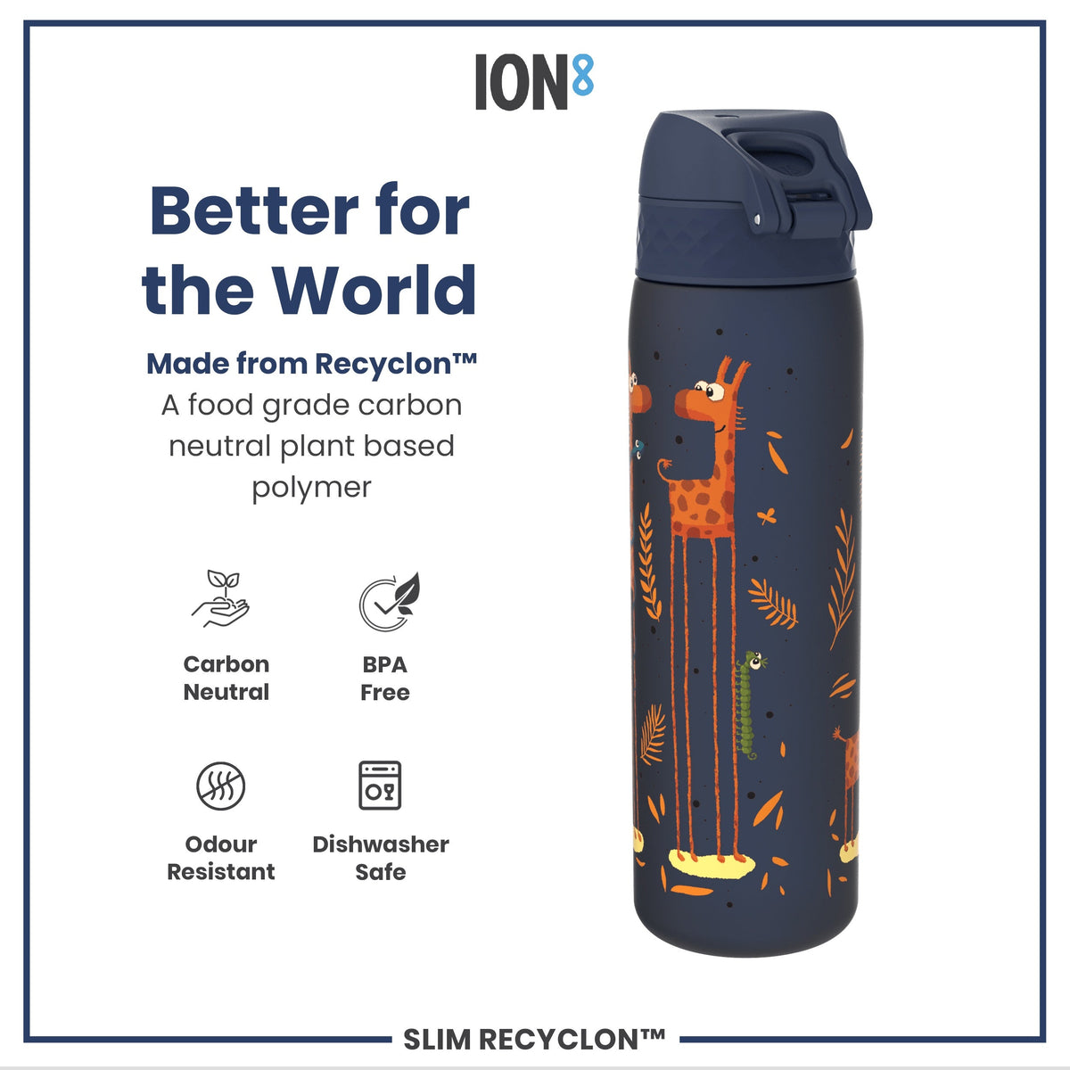 A water bottle, decorated with cartoon giraffes, stands against a white background. It's made from a plant-based polymer, is BPA-free, and dishwasher-safe. The bottle is advertised as “Better for the World.”