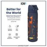 A water bottle, decorated with cartoon giraffes, stands against a white background. It's made from a plant-based polymer, is BPA-free, and dishwasher-safe. The bottle is advertised as “Better for the World.”