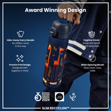 A person holds a dark-blue water bottle with a giraffe design. The bottle features a hide-away handle, hygiene cover, and wide mouth. Awards and design features are highlighted.