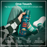 A person holds a teal water bottle with a flip top and vehicle designs; the lid opens with one hand; the setting is a casual, promotional studio shot.