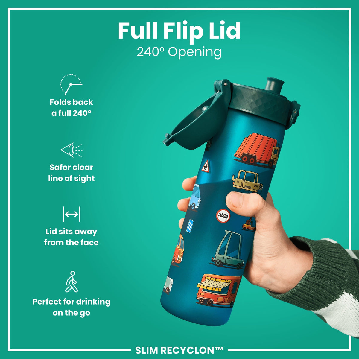 A teal water bottle, featuring a full 240° flip lid, is held; it has a vehicle-themed design. The bottle's lid folds back completely, providing a clear line of sight and sits away from the face. SLIM RECYCLON™