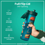 A teal water bottle, featuring a full 240° flip lid, is held; it has a vehicle-themed design. The bottle's lid folds back completely, providing a clear line of sight and sits away from the face. SLIM RECYCLON™