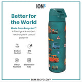 A teal water bottle, featuring a vehicle design, sits against a white background. It's made from a plant-based polymer, BPA-free, odour-resistant, and dishwasher-safe. The text highlights it being 