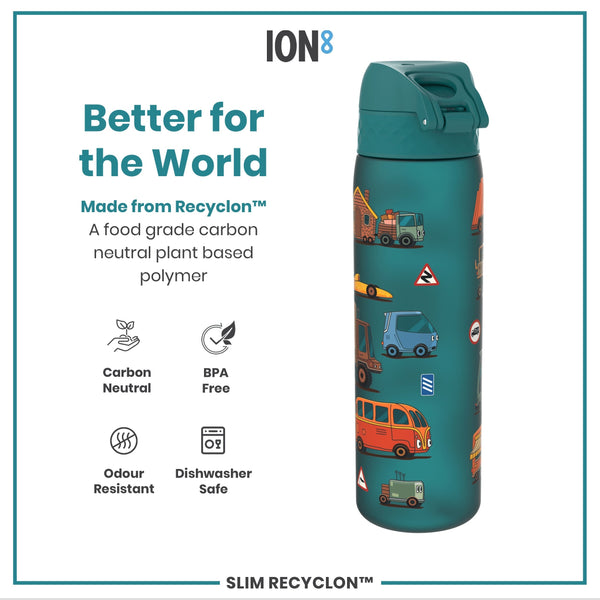 A teal water bottle, featuring a vehicle design, sits against a white background. It's made from a plant-based polymer, BPA-free, odour-resistant, and dishwasher-safe. The text highlights it being "Better for the World".