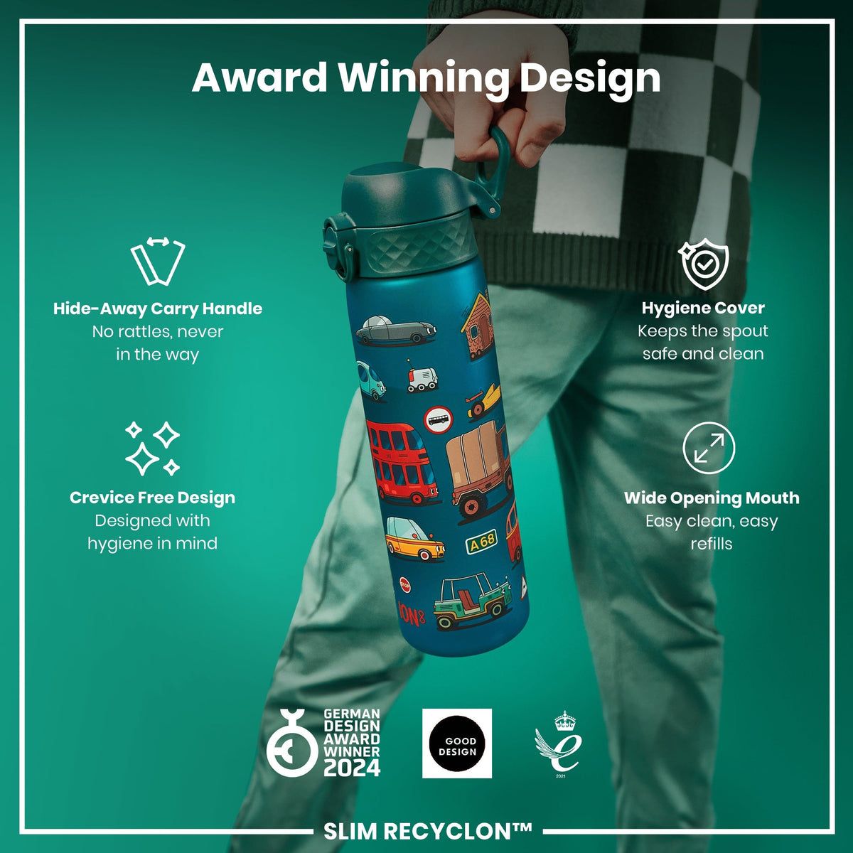 A blue water bottle with a vehicle-themed design is being held. Its features include a hide-away handle, hygiene cover, and wide mouth. Awards from 2024 and 2021 are shown.