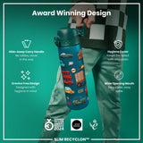 A blue water bottle with a vehicle-themed design is being held. Its features include a hide-away handle, hygiene cover, and wide mouth. Awards from 2024 and 2021 are shown.