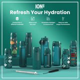 Several teal-colored water bottles, varying in size and design, are displayed on a teal surface. The bottles feature various designs and are accompanied by accessories. The text reads: 