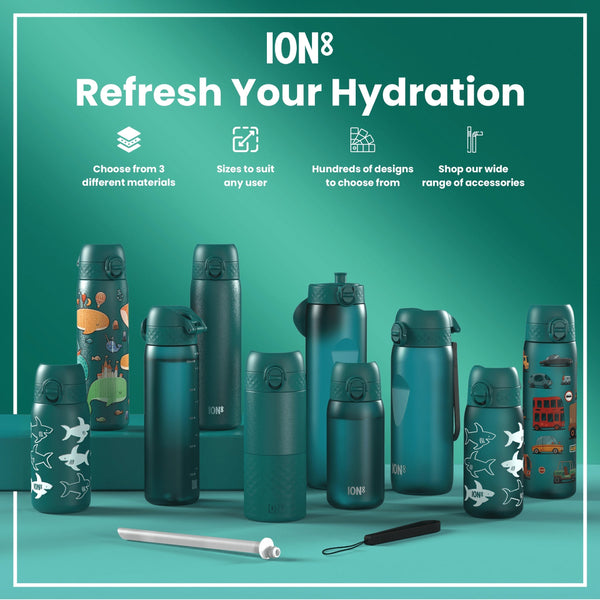 Several teal-colored water bottles, varying in size and design, are displayed on a teal surface. The bottles feature various designs and are accompanied by accessories. The text reads: "ION8 Refresh Your Hydration," "Choose from 3 different materials," "Sizes to suit any user," "Hundreds of designs to choose from," and "Shop our wide range of accessories."