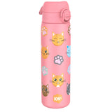 A pink water bottle, decorated with cartoon cats and paw prints, sits against a white background. The brand 