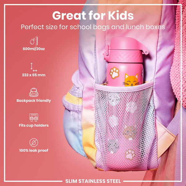 A pink, cat-themed water bottle fits inside a pastel backpack's mesh pocket. It's 600ml/20oz, 232 x 65 mm, and designed for kids' school bags and lunchboxes. The bottle is leakproof and fits cup holders.