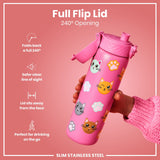 A pink, cat-decorated water bottle with a flip lid is being held; its 240° opening is emphasized, highlighting features for safe and convenient on-the-go drinking. The bottle is slim and made of stainless steel.
