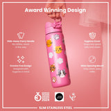 A pink, cat-patterned water bottle is being held; it features a hide-away handle, hygiene cover, and wide mouth. The bottle is made of slim stainless steel and is an award-winning design.