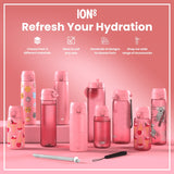 Pink ION8 water bottles, of various sizes and designs, are displayed on a pink surface; accessories are shown. Choose from 3 materials, sizes for any user, hundreds of designs, and a wide range of accessories.