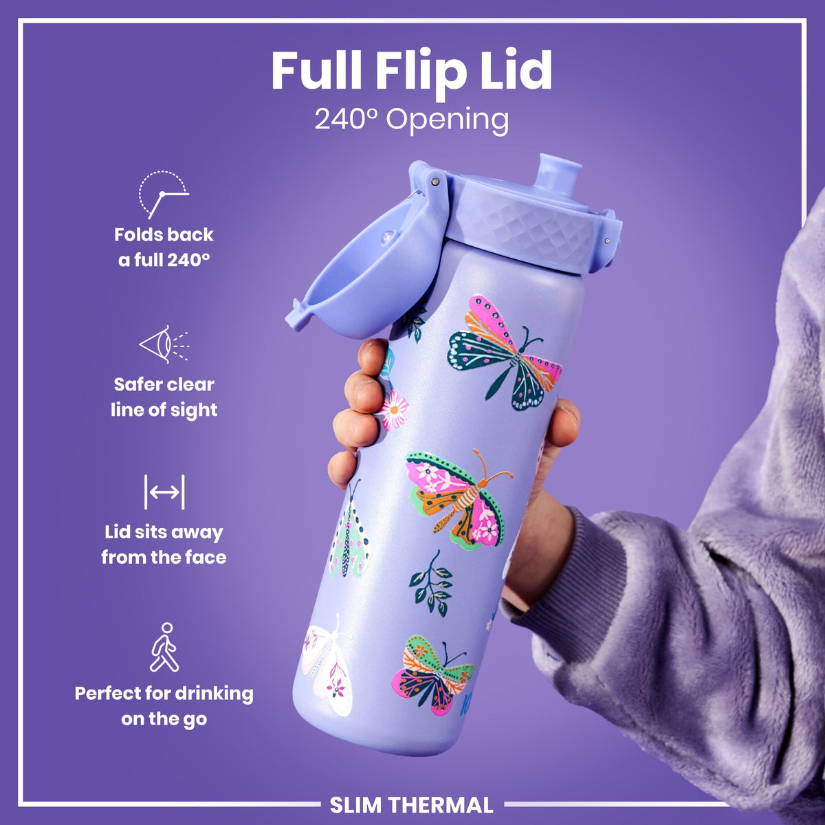 A purple, butterfly-patterned water bottle is held; its lid flips open 240 degrees. The bottle is slim and thermal; the design is marketed as ideal for on-the-go consumption.