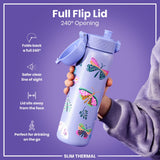A purple, butterfly-patterned water bottle is held; its lid flips open 240 degrees. The bottle is slim and thermal; the design is marketed as ideal for on-the-go consumption.
