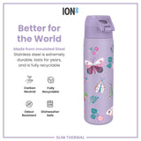 A lavender-colored, insulated stainless steel water bottle, featuring a butterfly and floral design, is displayed against a white background. Better for the World. Made from Insulated Steel. Stainless steel is extremely durable, lasts for years, and is fully recyclable. Carbon Neutral. Fully Recyclable. Odour Resistant. Dishwasher Safe. Slim Thermal.